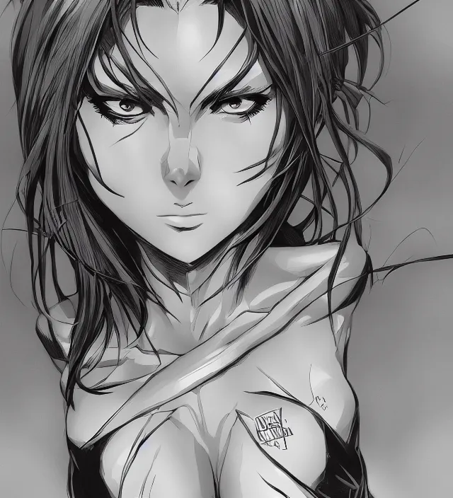 Prompt: hd manga anime half body portrait of a girl demonbot in ishikawa ken miura kentaro frank miller jim lee alex ross style detailed trending award winning on flickr pixiv artstation