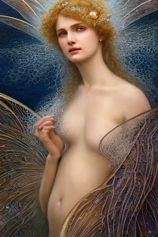 Prompt: a portrait of elegant beautiful queen of the water fairies, gossamer wings, hair made of ocean waves, illustration, dramatic lighting, soft details, painting oil on canvas, art nouveau, octane render, HDR, 4k, 8k, HD, by Edmund Blair Leighton, Brom, Charlie Bowater, trending on artstation, faces by Otto Schmit