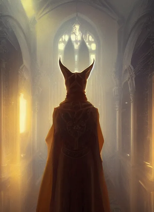 Image similar to surrealistic closeup portrait of anthropomorphic caracal in golden priest clothes wearing vr in orthodox church, bokeh, foggy, dynamic lighting, darkness, ambients, dramatic, foggy, heavy bokeh and blur, cinematic, depth of field, art by bussiere rutkowski andreas rocha