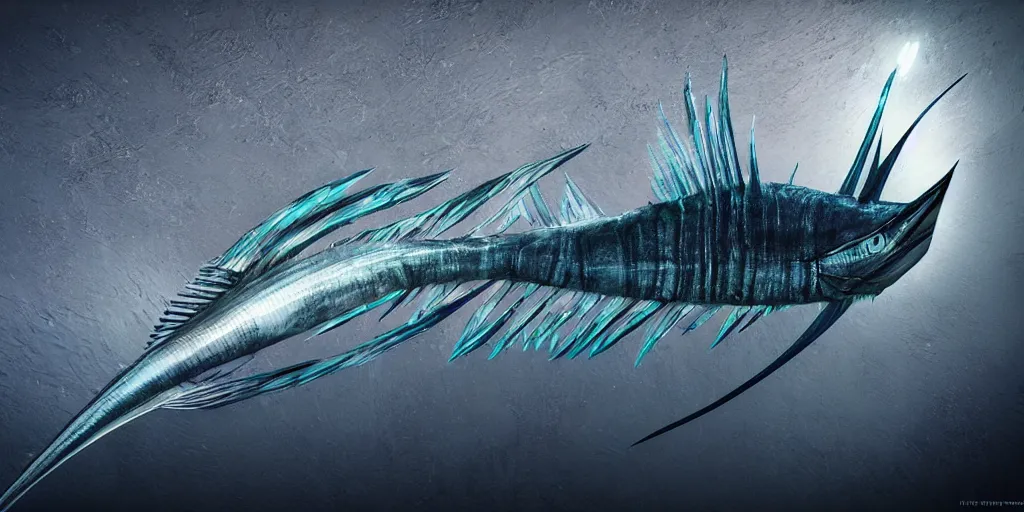 Image similar to sailfish, stylized layered textures, long flowing fins, bioluminescent orbs, 3 d render, substance painter, glowing eye, smooth, sharp focus, art by h r giger