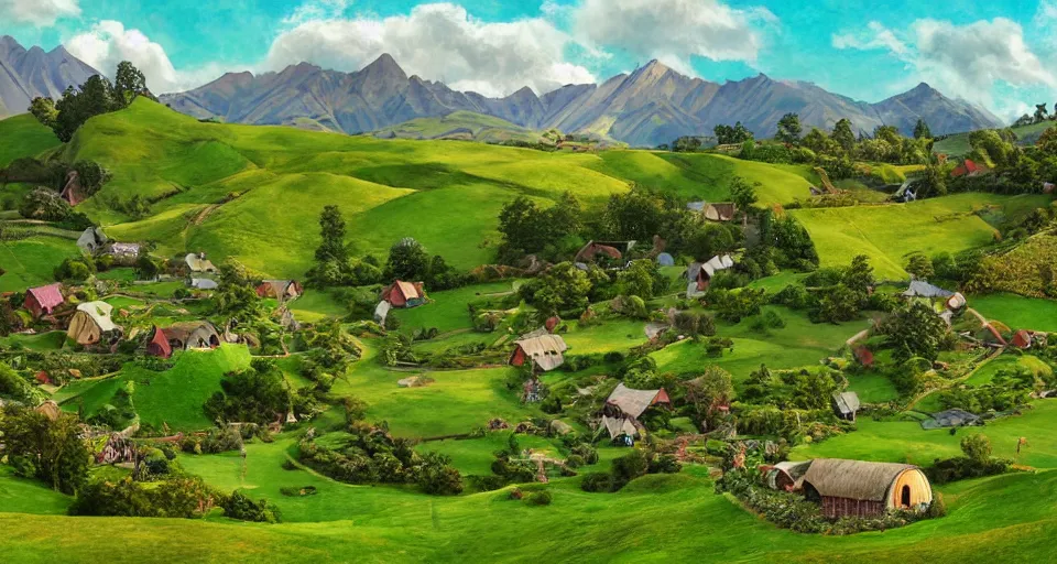 Prompt: verdant valley and rolling hills, hobbiton, middle earth, storybook illustration