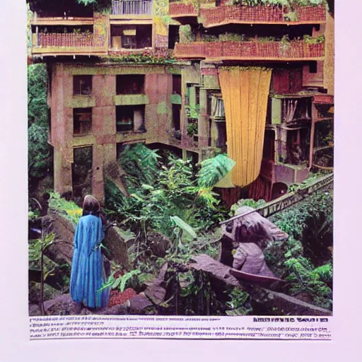 Image similar to breakfast at las pozas, 1 9 7 6 cut out collage, moebius