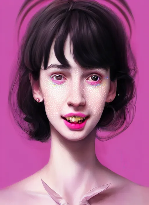 Image similar to portrait of high school girl, realistic, black hair, bangs, half updo hairstyle, pointy nose, skinny, smile, ugly, defined jawline, big chin, pink hair bow, earrings, intricate, elegant, glowing lights, highly detailed, digital painting, artstation, sharp focus, illustration, art by wlop, mars ravelo and greg rutkowski