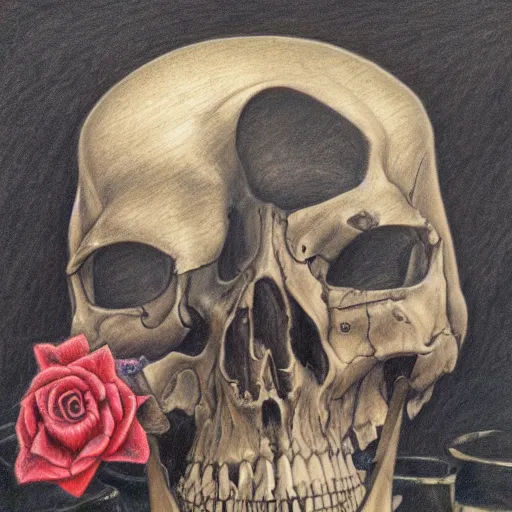 Image similar to a blend of death and life, color pencil drawing, maximalist, black background