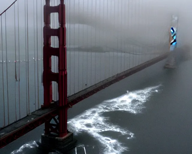 Prompt: still of the Golden Gate Bridge in The Day After Tomorrow (2004), extreme fog, blizzard