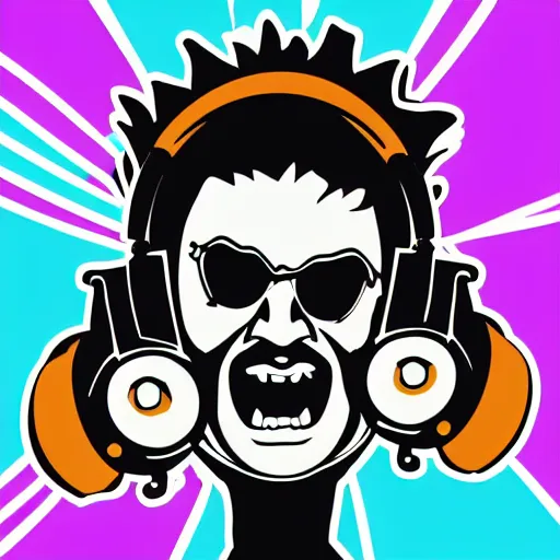 Image similar to svg vector sticker of absolutely insane-mad-scientist-villain, rocking out, wearing headphones, huge speakers, dancing, rave, DJ, spinning records, digital art, amazing composition, rule-of-thirds, award-winning, trending on artstation, featured on deviantart