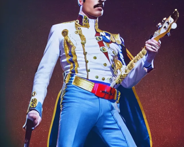 Image similar to 4 k hd, high resolution photograph of freddy mercury, full colour, shot with sigma f / 4. 2, 2 5 0 mm sharp lens, wide shot, high level texture render