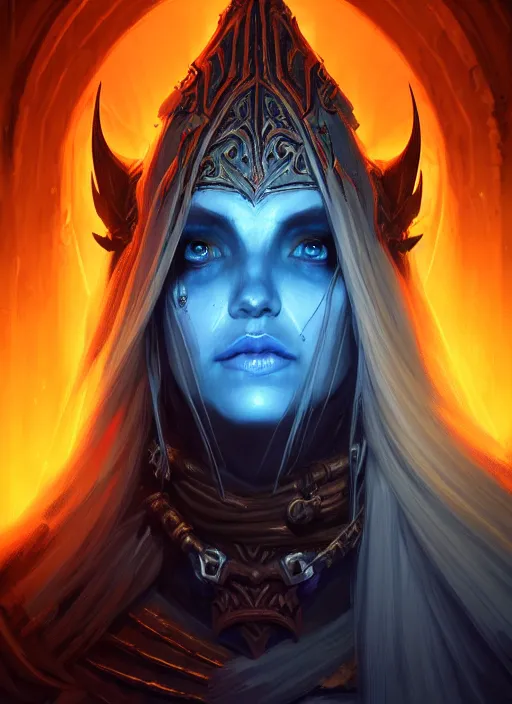 Image similar to portrait of sylvanas windrunner, catacombs, altar of the dead, souls of the dead, intricate, elegant, glowing blue lights, highly detailed, digital painting, artstation, concept art, smooth, sharp focus, illustration, art by wlop, mars ravelo and greg rutkowski