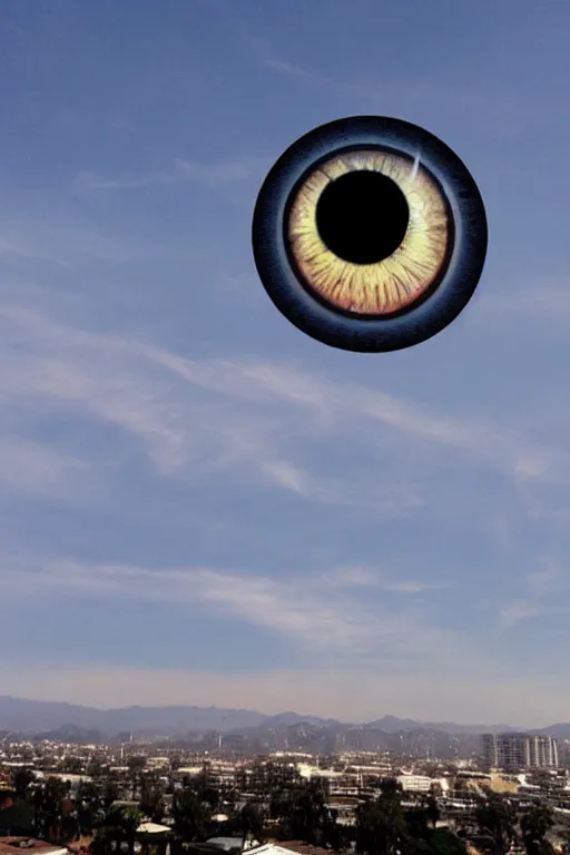 Prompt: giant eyeball!!!!! floating!! in the sky above southern california city