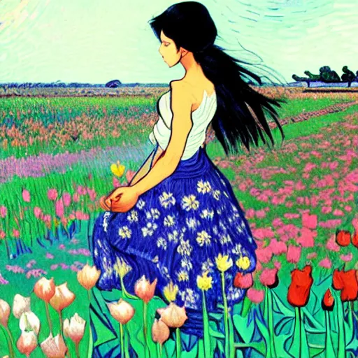 Prompt: beautiful dark skin mexican woman, dancing in a field of tulips and baby's breath, prominent, rosy cheek bones, black hair and brown eyes, van gogh art style, art by hayao miyazaki, makoto shinkai