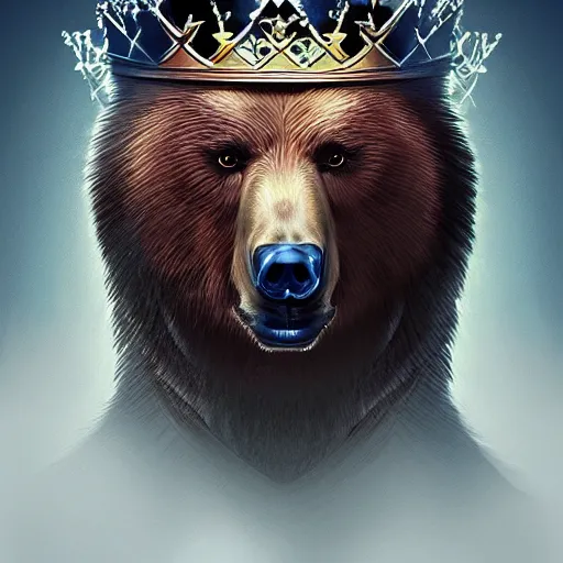 Prompt: Portrait of a king sitting on his throne, bear, crystal crown, digital art, realistic, artstation, detailed