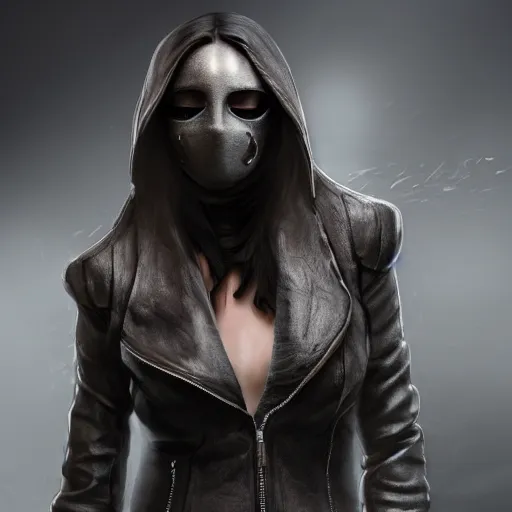 Prompt: Hot young woman, grey skin, wearing leather jacket, cuddling humanoid in shroud and mask concept art