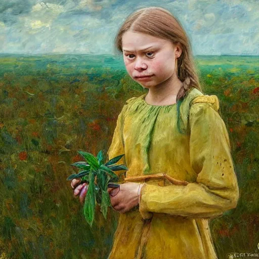 Image similar to Devastated Greta Thunberg holding a green plant and crying, impressionism, barren earth, gloomy colors, brown background, vivid attention to detail, by Greg Rutkowksi and Ilya Repin