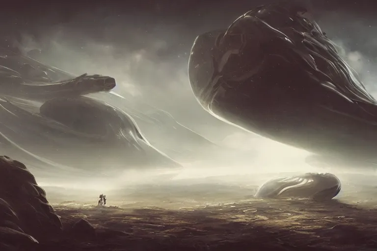 Image similar to spaceship lands on the face of a foreign alien planet, foreboding, dangerous, dark, scary, brooding amazing concept painting by Jessica Rossier and HR Giger