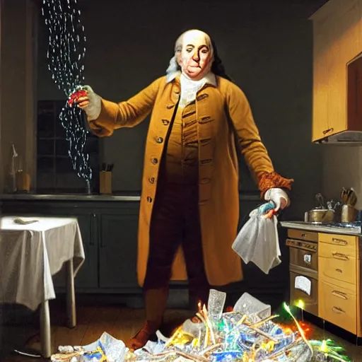 Image similar to benjamin franklin angrily throwing a string of led lights in the trash in a modern kitchen by rockwell