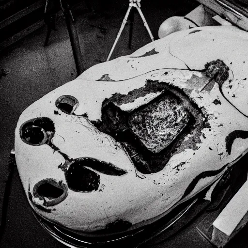 Image similar to photo of an autopsy on spongebob, black and white, wide angle