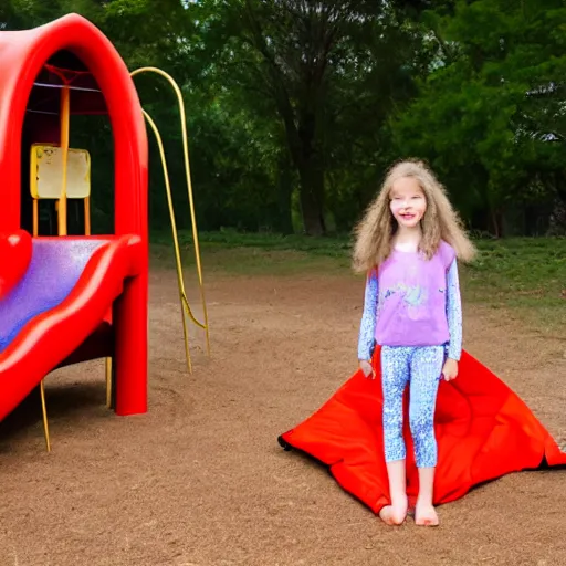 Prompt: Millie 6 years old going to bed on a play structure in a sleeping bag, 4K