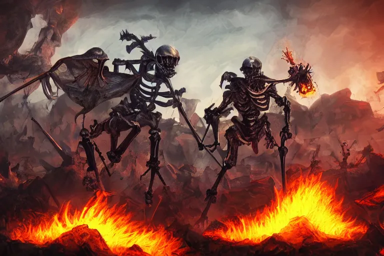 Prompt: skeleton knights spontaneously combusting, digital painting, mixed media, trending on artstation and deviantart, epic composition, centered, sharp focus, magnum opus, highly detailed, 8 k