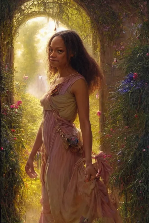 Image similar to Zoe Saldana, looking at the viewer, in the style of Lilia Alvarado, Sophie Anderson, Mark Arian, Bob Byerley, Charlie Bowater, Mark Brooks, Steve Henderson, Justin Gerard, Arthur Hughes, Edward Robert Hughes, Mark Keathley, Victor Nizovtsev, Carlos Shwabe, Ross Tran, WLOP