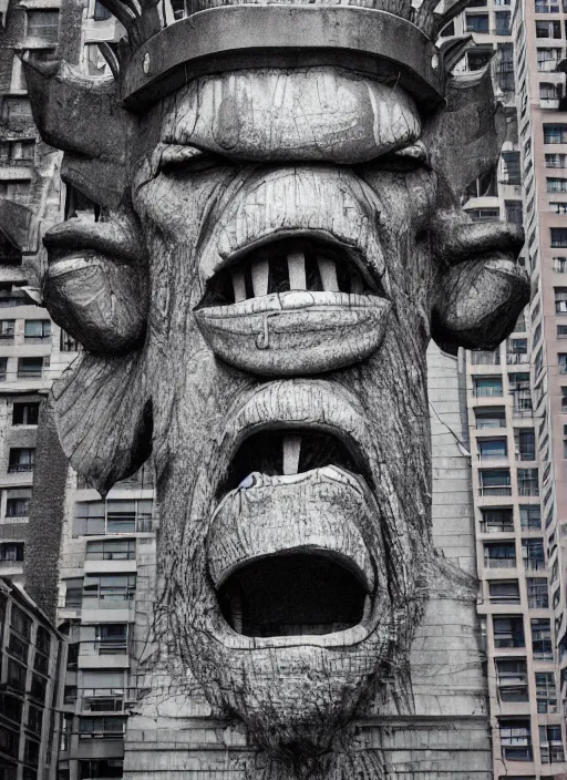 Image similar to giant monster walking between buildings, and it has the angry face of the statue of liberty