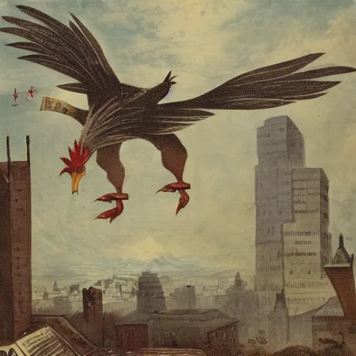 Prompt: a giant chicken attacking a city