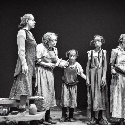 Prompt: mother courage and her children, stage set, photorealistic, cinematic lighting