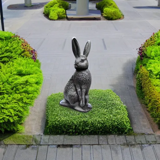 Prompt: a photo of a greenery intersection, with a statue of rabbit on the middle, 4k