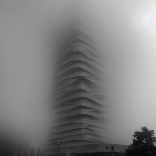 Image similar to giant tentacles coming out of fog, grasping giant brutalist buildings