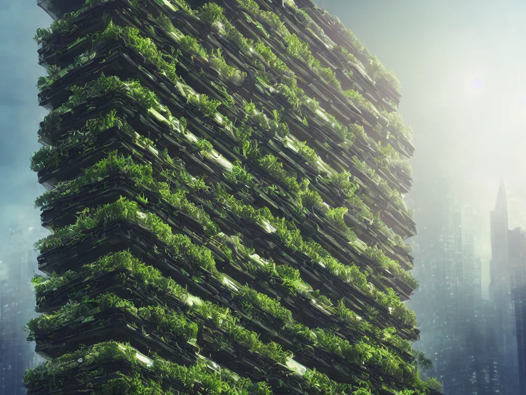 Prompt: futuristic vertical farm growing food in a cyberpunk high rise, 3 point perspective, atmospheric, morning light, foggy, ultra - hd, ultra - realistic