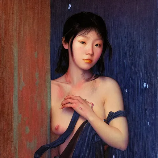 Prompt: beautiful young japanese girl with glowing red eyes, chapped lips, facial veins, black undereyes, finds herself lost in a dark indigo room, muted cold colors, painting part by wojciech siudmak, part by ilya repin, part by norman rockwell, artstation