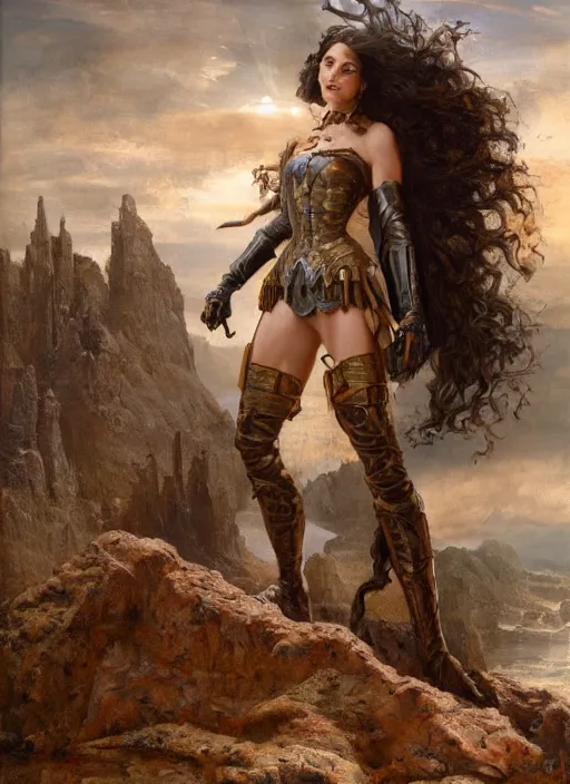 Image similar to oil painting of a highly detailed steampunk gal gadot posing while standing on a rock : leonardo da vinci, greg rutkowski, magali villeneuve