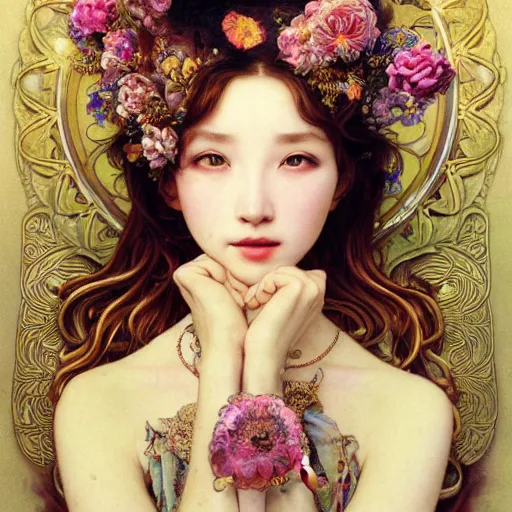 Image similar to a masterpiece ultrarealistic ultradetailed portrait of beautiful love, jewelry genius, witch girl on vintage flea market baroque renaissance. medium shot, intricate, elegant, by stanley artgerm lau, wlop, alphonse mucha, rossdraws, andrei riabovitchev, yoshitaka amano. flower background my james jeand and takashi murakami.