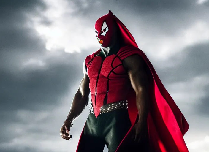 Image similar to film still of michael b jordan as spawn in the new spawn movie, giant chains, large cape, 8 k