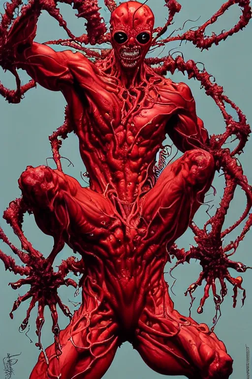 Image similar to the platonic ideal of cletus kasady carnage, detailed, intricate, hyperrealism, intense, scary by artgerm and greg rutkowski and alphonse mucha