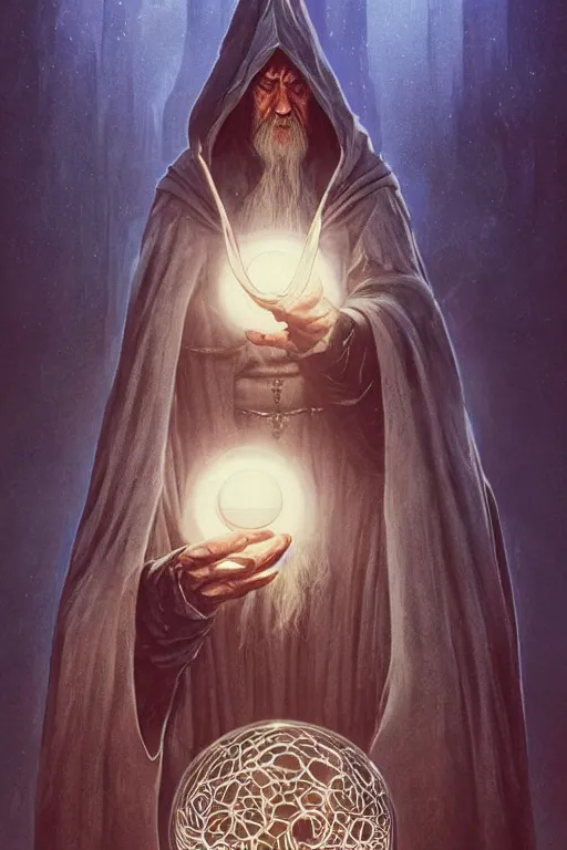 Image similar to gandalf the wizard in a hooded cloak gazing into a crystal ball, high details, intricately detailed, by vincent di fate, artgerm julie bell beeple, inking, screen print