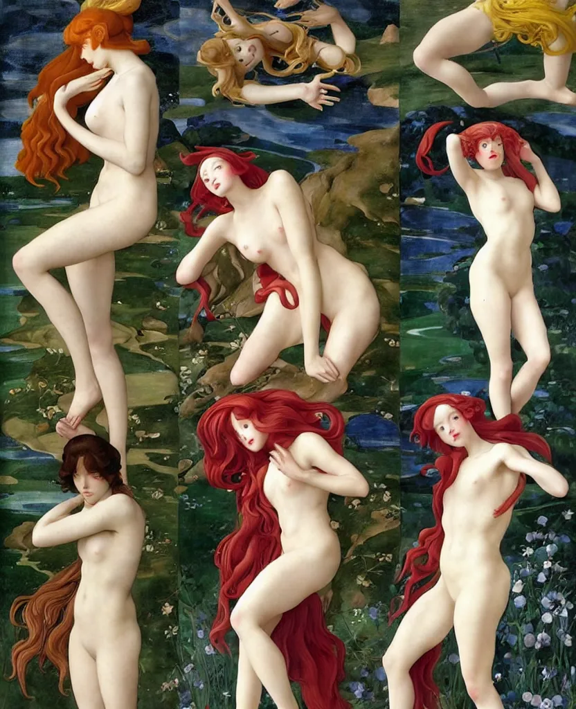 Image similar to 12 figures as 4 seasons of the year, (3 as Spring, 3 as Summer, 3 as Autumn, 3 as Winter), in a mixed style of Æon Flux, Peter Chung, Botticelli, and John Singer Sargent, inspired by pre-raphaelite paintings, shoujo manga, and cool Japanese cyberpunk street fashion, dramatic colors, jungian symbolic, magic realism, hyper detailed, super fine inking lines, dramatic color, 4K extremely photorealistic, Arnold render