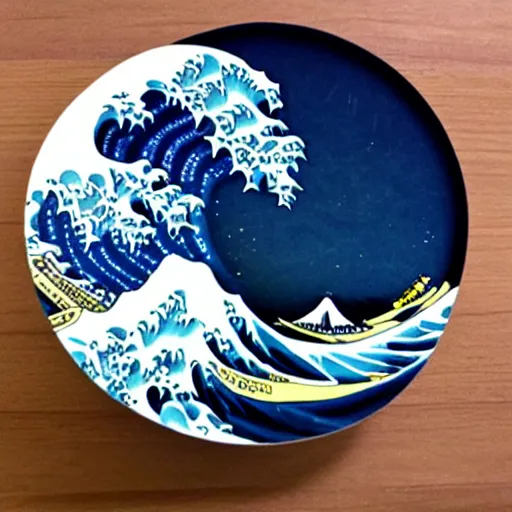 Image similar to a diorama of a wave on a table in the style of The Great Wave off Kanagawa