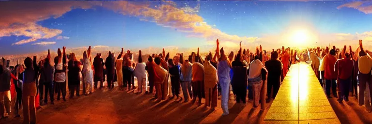 Image similar to a crowd of worshipers praying to a portal to heaven, by James Gurney, luminous lighting, cinematic, panoramic, aspect ratio 1:3