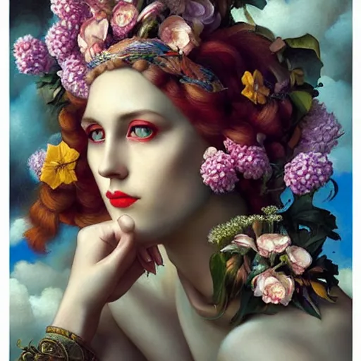 Prompt: dynamic composition, shy woman with blonde hair full of spring flowers wearing ornate earrings, ornate gilded details, pastel colors, a surrealist painting by tom bagshaw and jacek yerga and tamara de lempicka and jesse king, wiccan, pre - raphaelite, featured on cgsociety, pop surrealism, surrealist, dramatic lighting