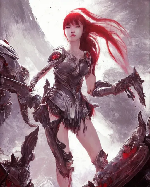 Image similar to lee jin - eun with white long hair in high - end damaged battle suit emerging from pool of blood in god of war 4 game set in ancient italy by peter andrew jones and conrad roset, rule of thirds, seductive look, beautiful