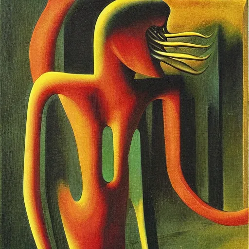 Image similar to An oil painting of a strange alien creature by Max Ernst and Giorgio de Chirico