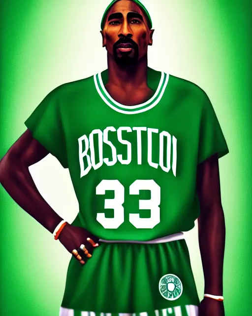 Image similar to portrait of tupac shakur, boston celtics jersey number 3 4, green, white, cartoon digital art, oil on canvas, trending on artstation, octane render