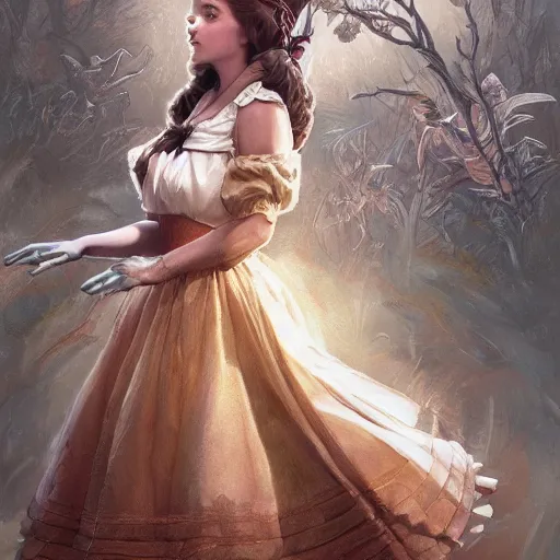 Image similar to full body portrait of Dorothy Gale from the Wizard of Oz, D&D, fantasy, intricate, elegant, highly detailed, digital painting, artstation, concept art, smooth, sharp focus, illustration, art by artgerm and greg rutkowski and peter mohrbacher