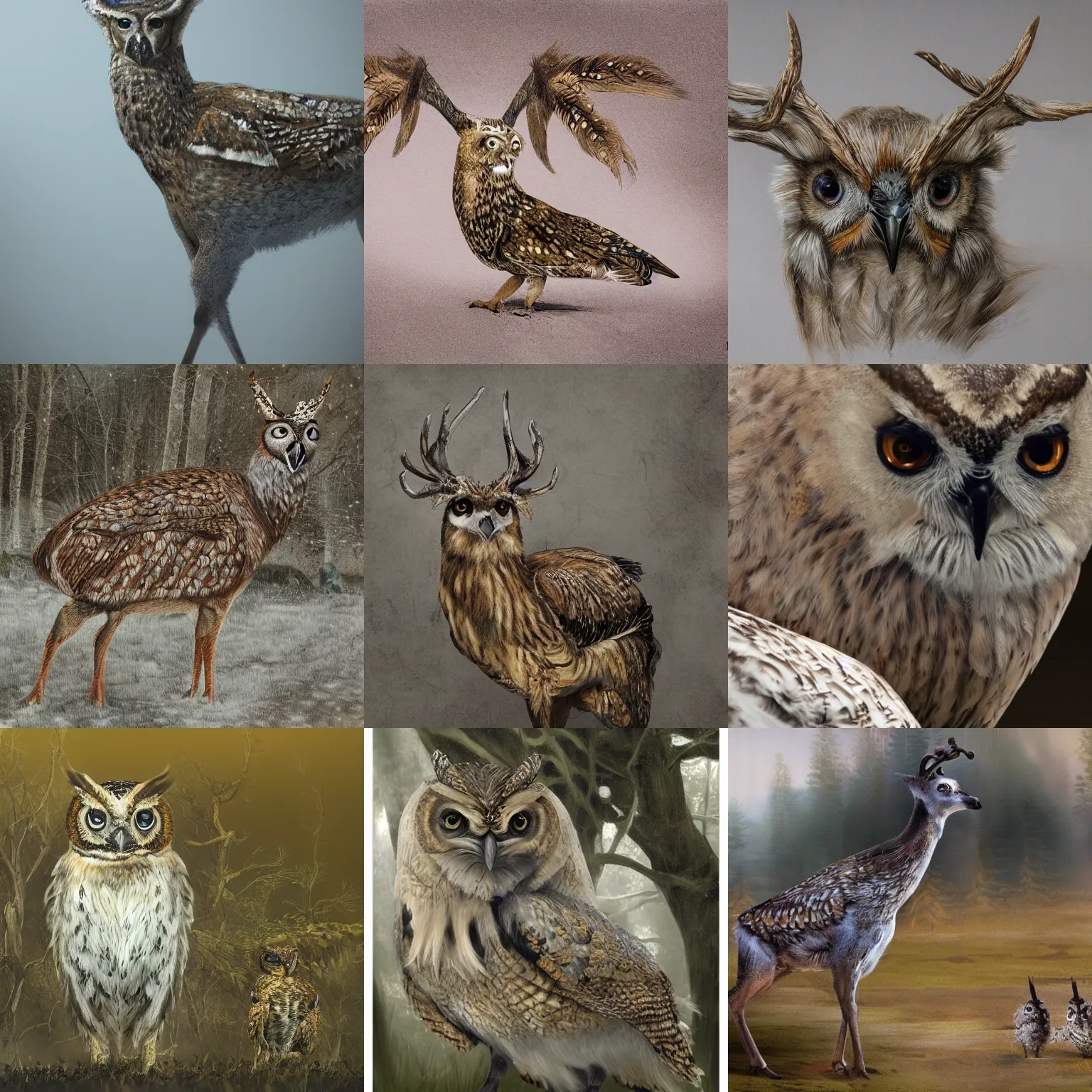 Prompt: a feathered deer with owl feathers, national geographic, photo, nature photography, trending on artstation, highly detailed, full body, realistic