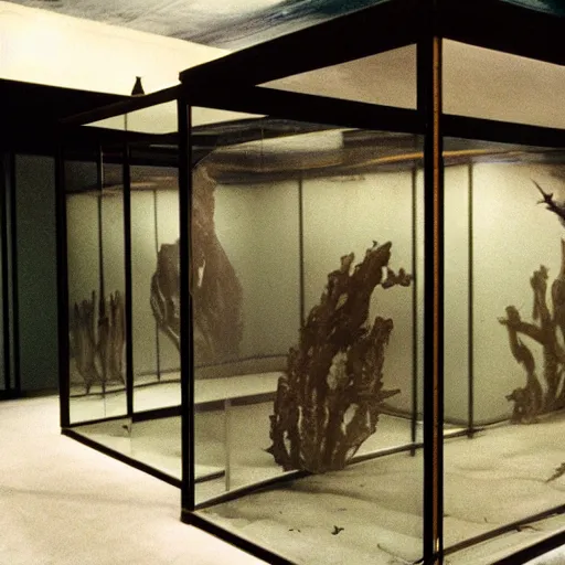 Prompt: spooky creepy liminal space, display case, aquatic exhibition science museum, dusty dried cracked aquarium, computer screens, photo taken on fujifilm superia