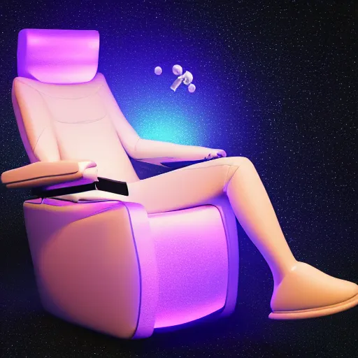 Image similar to recliner chair floating in space, acupuncture treatment, rendered in octane, 8 k, photorealistic person receiving acupuncture, galactic background, dreamy, dramatic lighting, universe scale