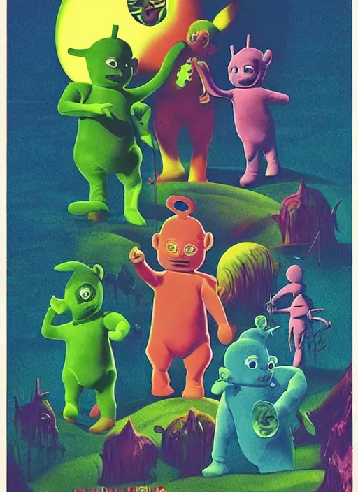 Image similar to teletubbies horror movie poster, grotesque, scary, high details, minimalist, by vincent di fate, artgerm julie bell beeple, inking, 1960s, vintage 60s print, screen print