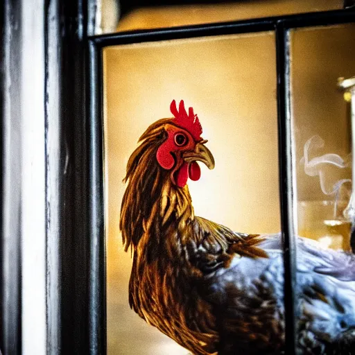 Prompt: a chicken smoking a cigarette in an Aberdeen pub 35mm 4k photoshoot moody dark dingy highly detailed accurate and photorealistic