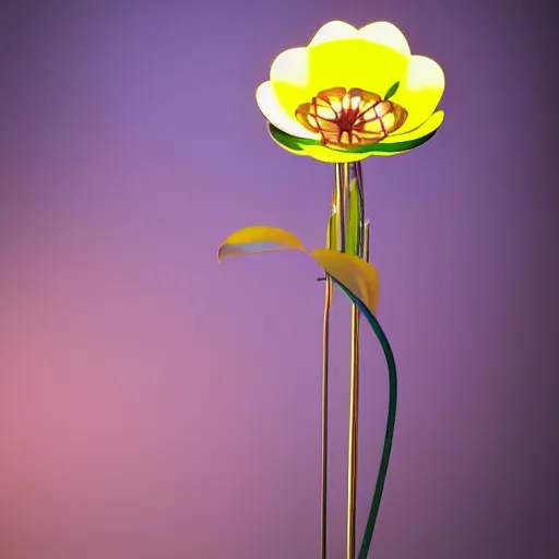 Image similar to a robotic flower, 8 k, photorealistic, photograph, award winning, golden hour, volumetric light