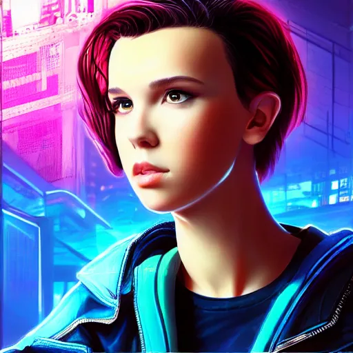 Prompt: Cyberpunk Millie Bobby Brown by RossDraws